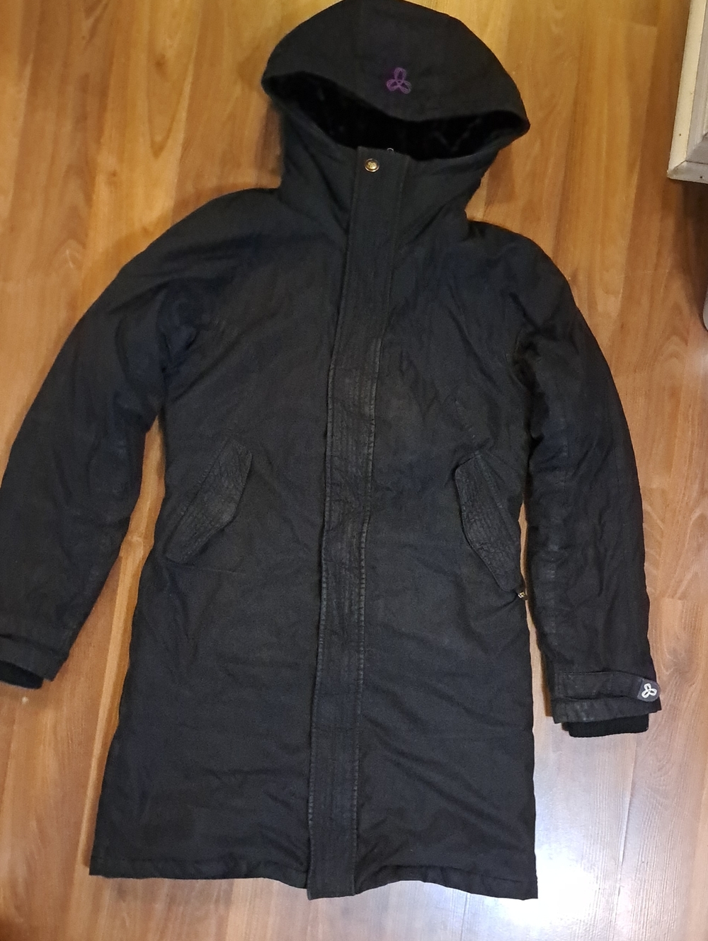 TNA Black Hooded Longline Winter Coat with Purple Logo